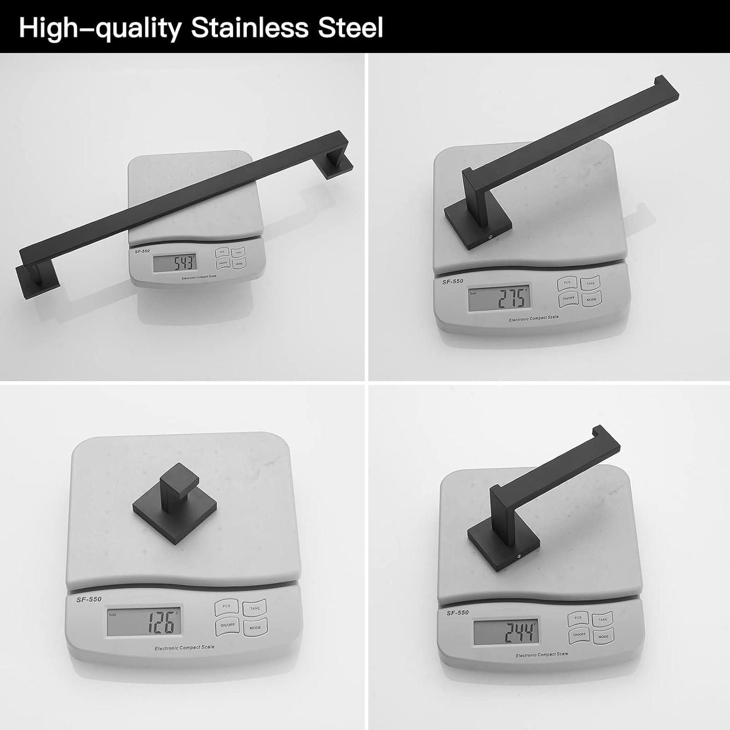 BWE 5 Pieces Matte Black Bathroom Hardware Set SUS304 Stainless Steel Include 21.9" Towel Bar,Hand Towel Holder,Toilet Paper Holder and 2 Robe Hook Square Bathroom Accessories Set Wall Mounted