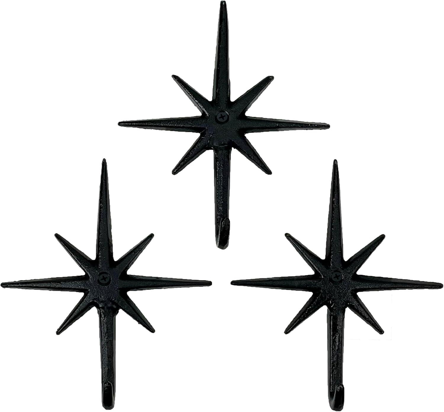 Zeckos Set of 3 Black Finish Cast Iron Atomic Starburst Wall Hooks - Black - Size 6.75 inch