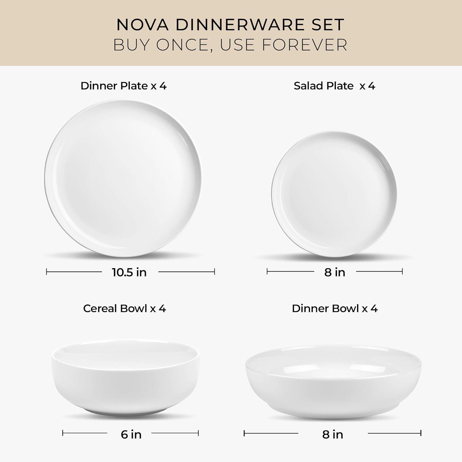 Zulay Kitchen Nova Porcelain Dinnerware Set, Service For 4 - Chip & Scratch Resistant White Plates And Bowls Sets - Microwave & Dishwasher Safe - White