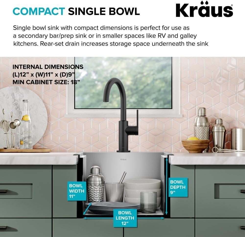 KRAUS Kore™ 15" L Drop-In Top Mount Workstation 16 Gauge Stainless Steel Square Single Bowl Kitchen Bar Sink