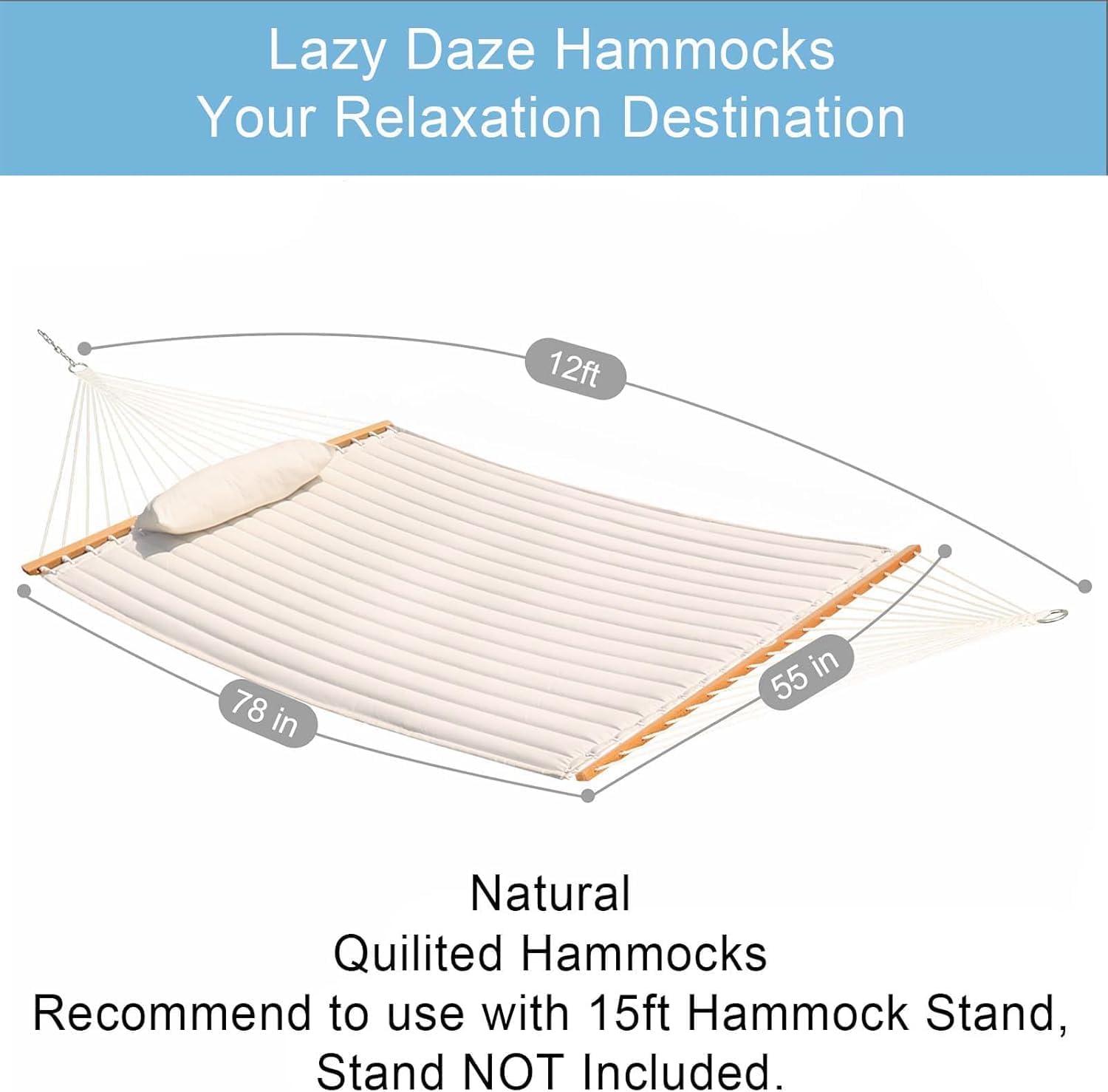 BINO Hammocks 12 FT Double Quilted Fabric Hammock With Spreader Bars And Detachable Pillow, 2 Person Hammock For Outdoor Patio Backyard Poolside, 450 LBS Weight Capacity, Natural