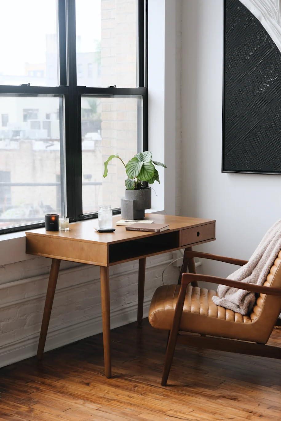 Nathan James Parker Mid-Century Desk with Drawer Acacia Light Brown: MDF Top, Solid Wood Legs, Home Office Furniture