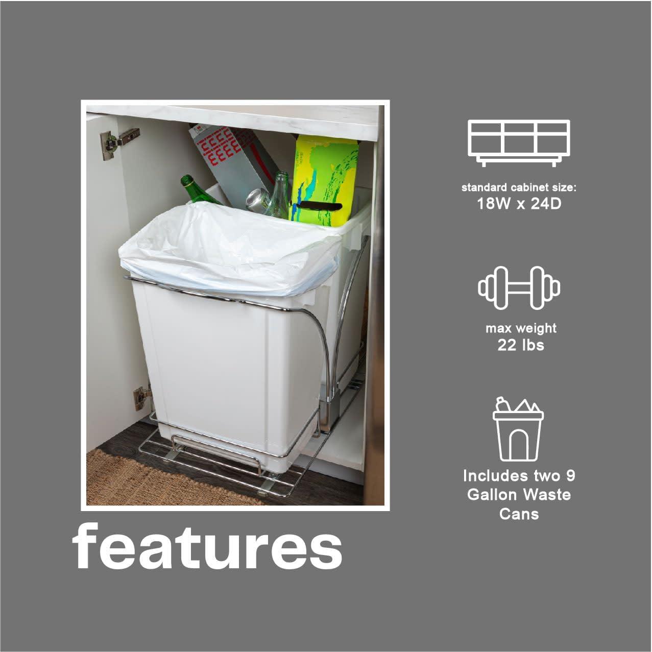 Household Essentials Glidez Chrome-Plated Steel Pull-Out/Slide-Out Discreet Double 9 Gallon Plastic Trash Cans and Recycling Bins for Under Cabinet Use - Fits Standard Size Cabinet, Chrome and White