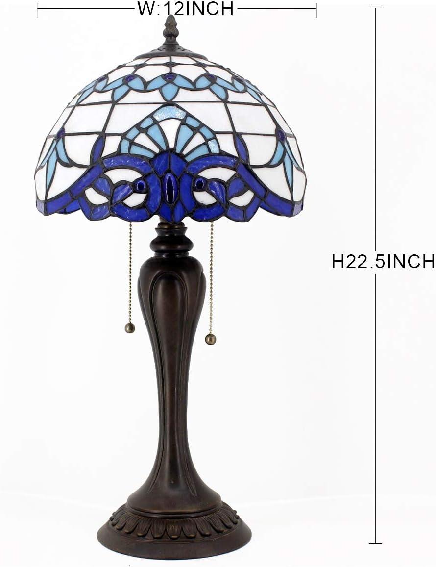 WERFACTORY Tiffany Table Lamp Navy Blue Baroque Stained Glass Style Desk Bedside Reading Light 12X12X18 Inches Decor Bedroom Living Room Home Office S003B Series