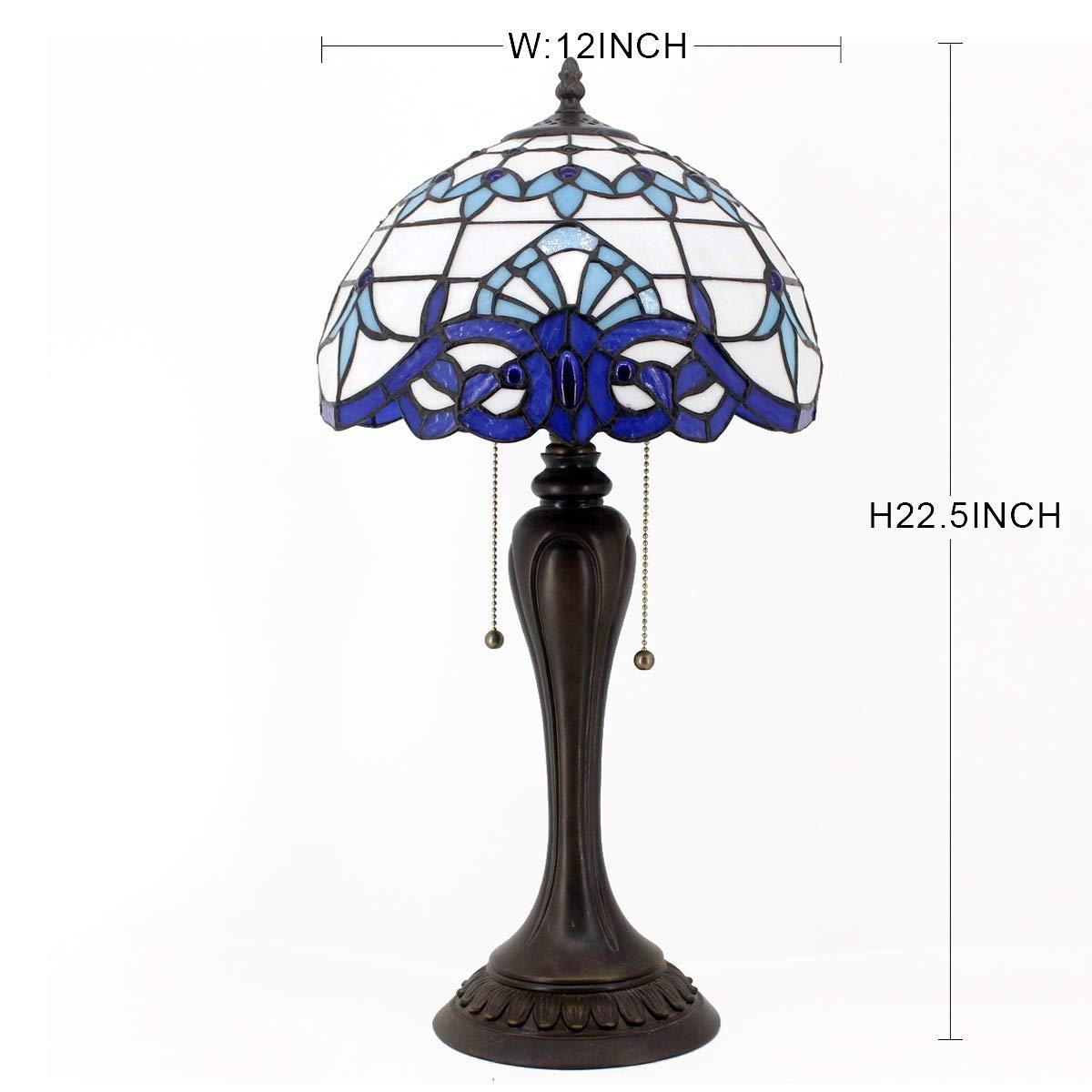 WERFACTORY Tiffany Table Lamp Navy Blue Baroque Stained Glass Style Desk Bedside Reading Light 12X12X18 Inches Decor Bedroom Living Room Home Office S003B Series