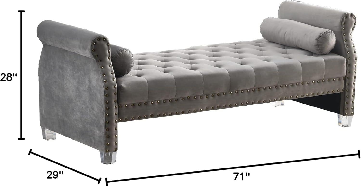 Stefania 71-inch Rolled Arm Oversized Velvet Tufted Upholstered Bench Standard Benches Grey Velvet, Acrylic Mid-Century Modern