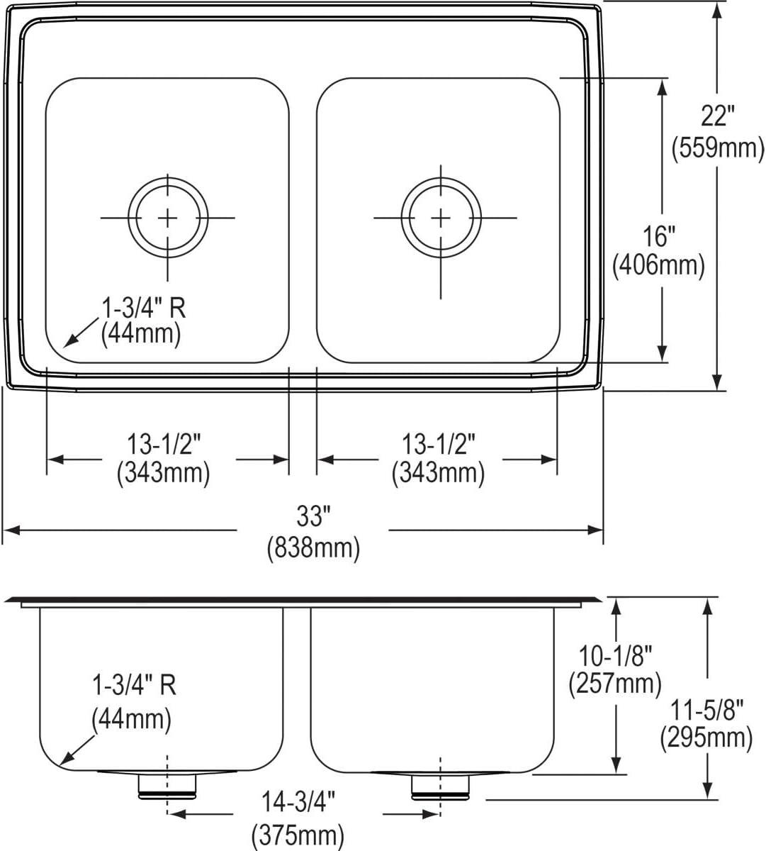 Elkay DLR332210PDMR2 Lustertone 33" L x 22" W Double Basin Drop-In Kitchen Sink with Drain Assembly