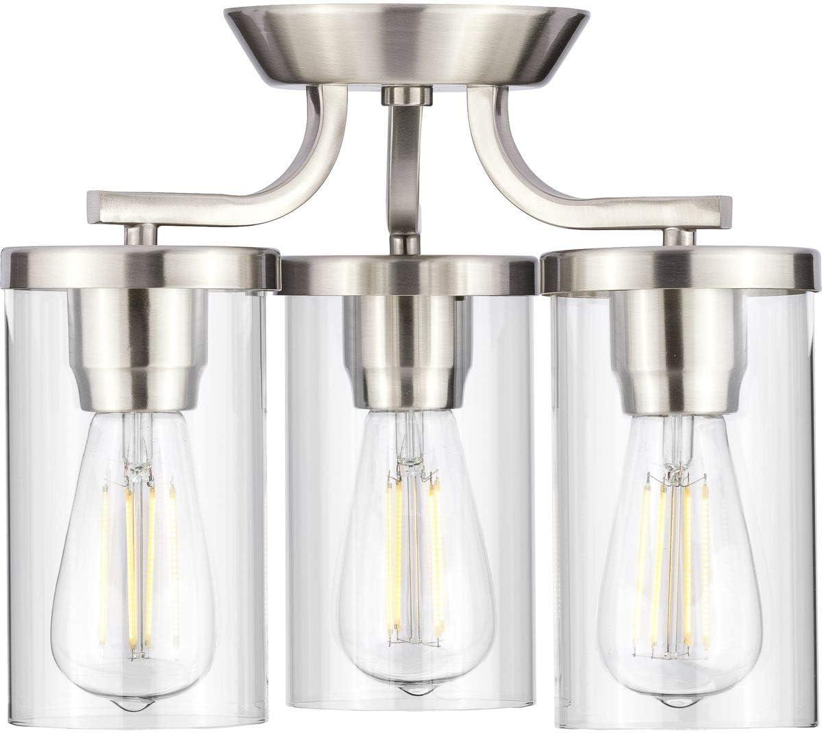 Progress Lighting Lassiter 3-Light Semi-Flush Mount, Brushed Nickel, Clear Glass Shades