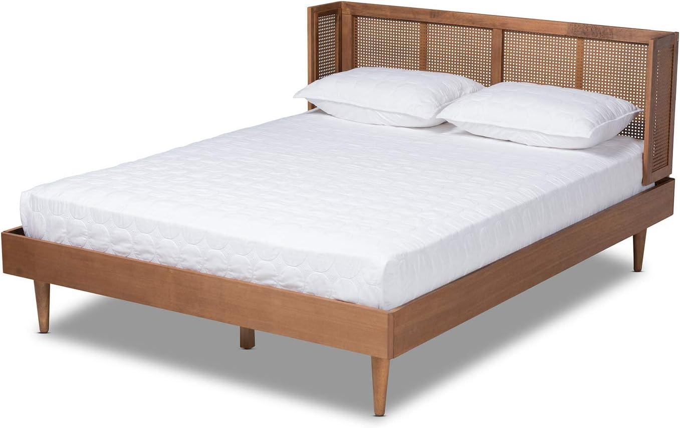 Queen Rina Wood Platform Bed with Headboard Ash Walnut - Baxton Studio: Mid-Century Modern Design, Synthetic Rattan Panel