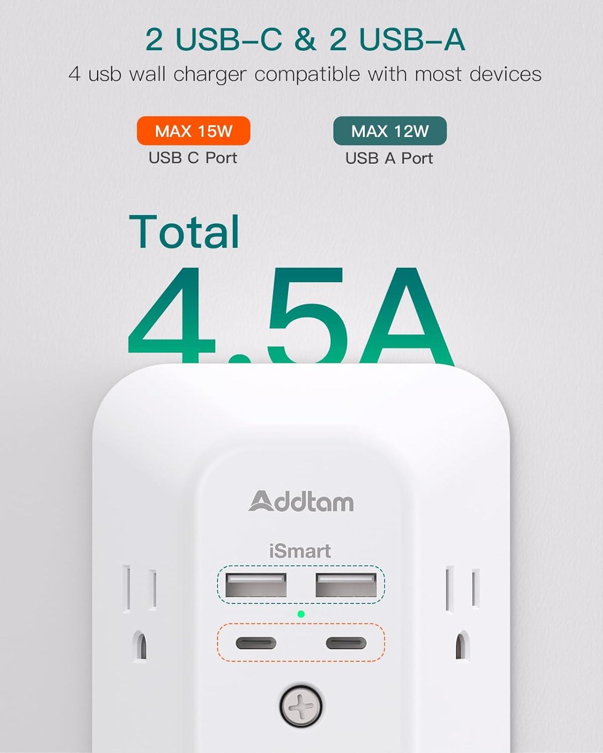 Surge Protector Outlet Extender - Addtam 5-Outlet Splitter with 4 USB Wall Charger(2 USB-C Ports), Multi Plug Outlet Power Strip for Home, Dorm Room Essentials