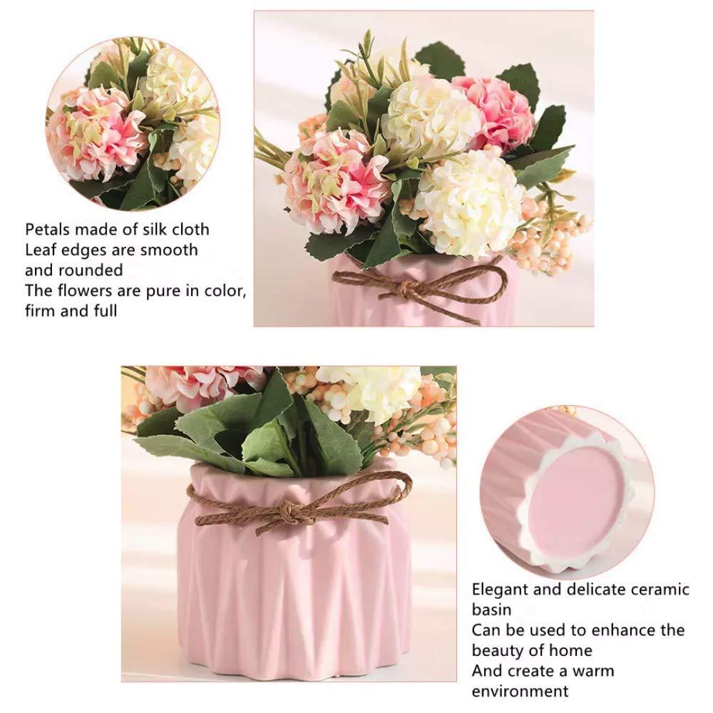 Artificial potted flowers, small ceramic vases fake flower plants for home and office interior tabletop decoration, artificial flower hydrangeas - Pink