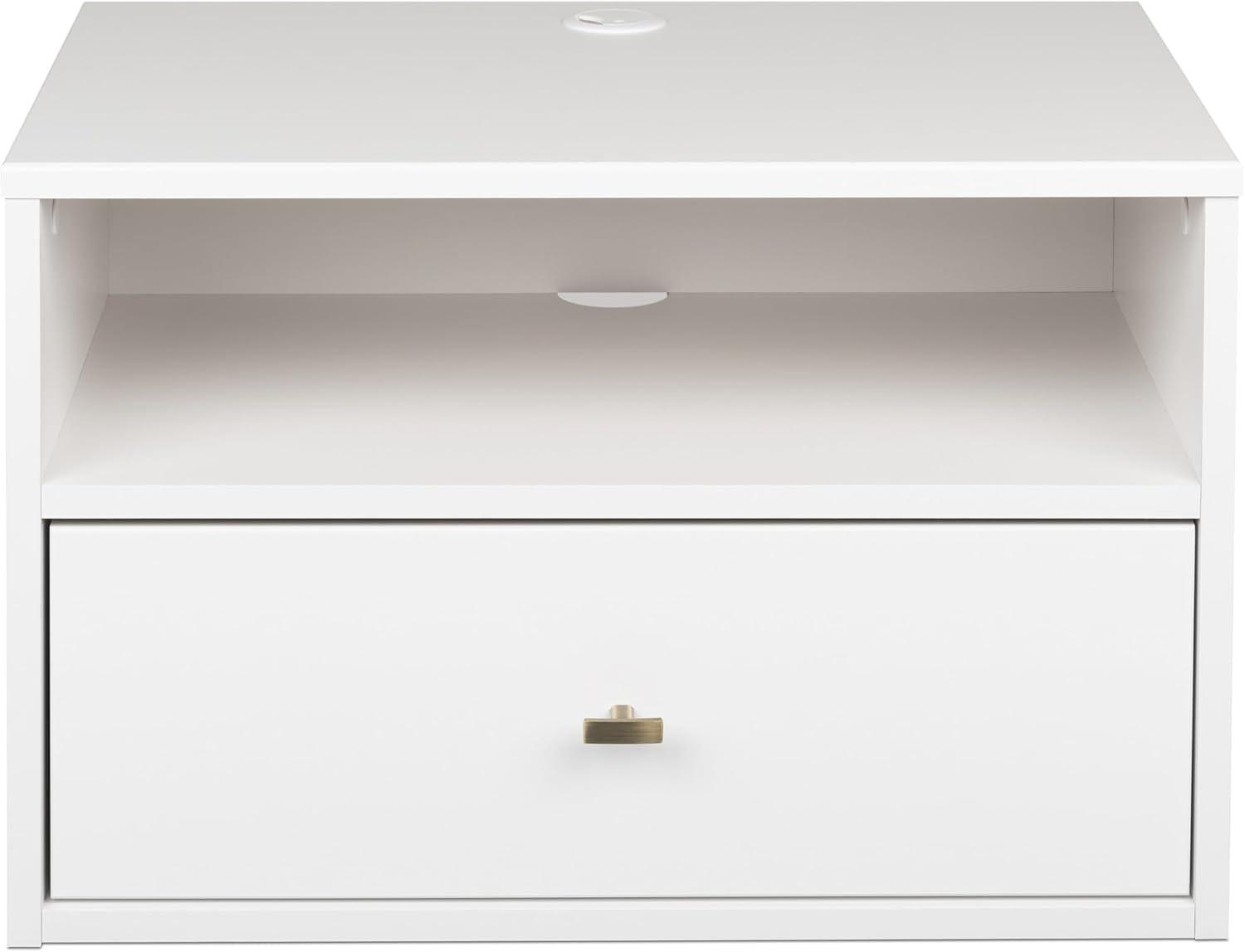 Sleek White Floating Nightstand with Drawer and Cord Management