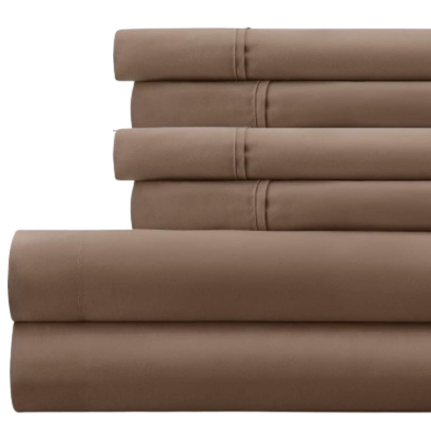 Twin, Taupe Solid Microfiber 6 Piece Bed Sheet Set, by Noble Linens