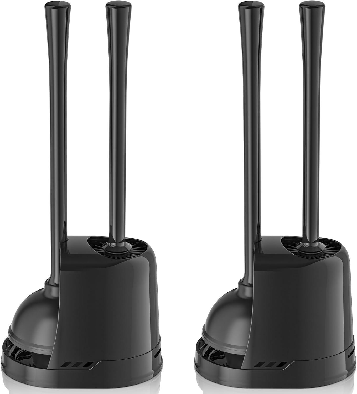 Toilet Plunger and Brush, Bowl Brush and Heavy Duty Toilet Plunger Set with Holder, 2-in-1 Bathroom Cleaning Combo with Modern Caddy Stand (Black, 2 Set)