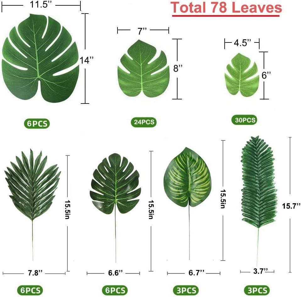 78 Pieces 7 Kinds Artificial Tropical Leaf Jungle Leaves Plant Safari Leaves Decorations for Hawaiian Party Decorations Beach Birthday Luau Party Decorations