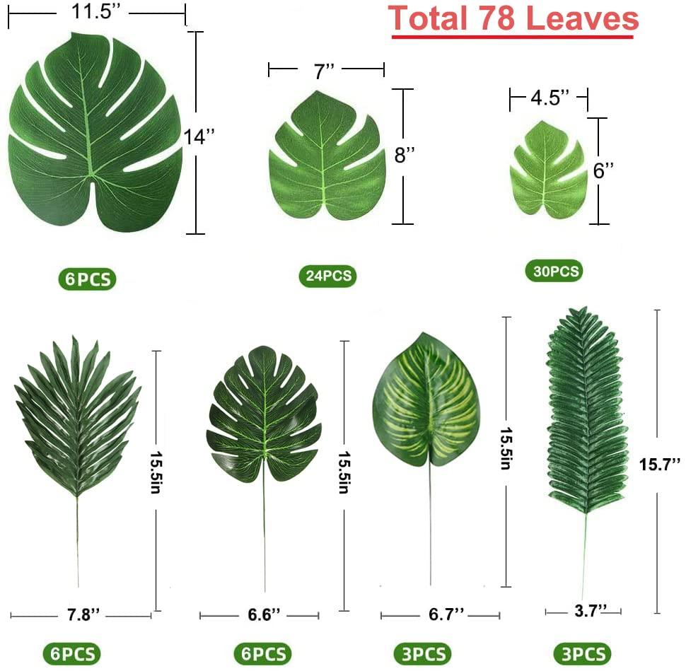 78 Pieces 7 Kinds Artificial Tropical Leaf Jungle Leaves Plant Safari Leaves Decorations for Hawaiian Party Decorations Beach Birthday Luau Party Decorations