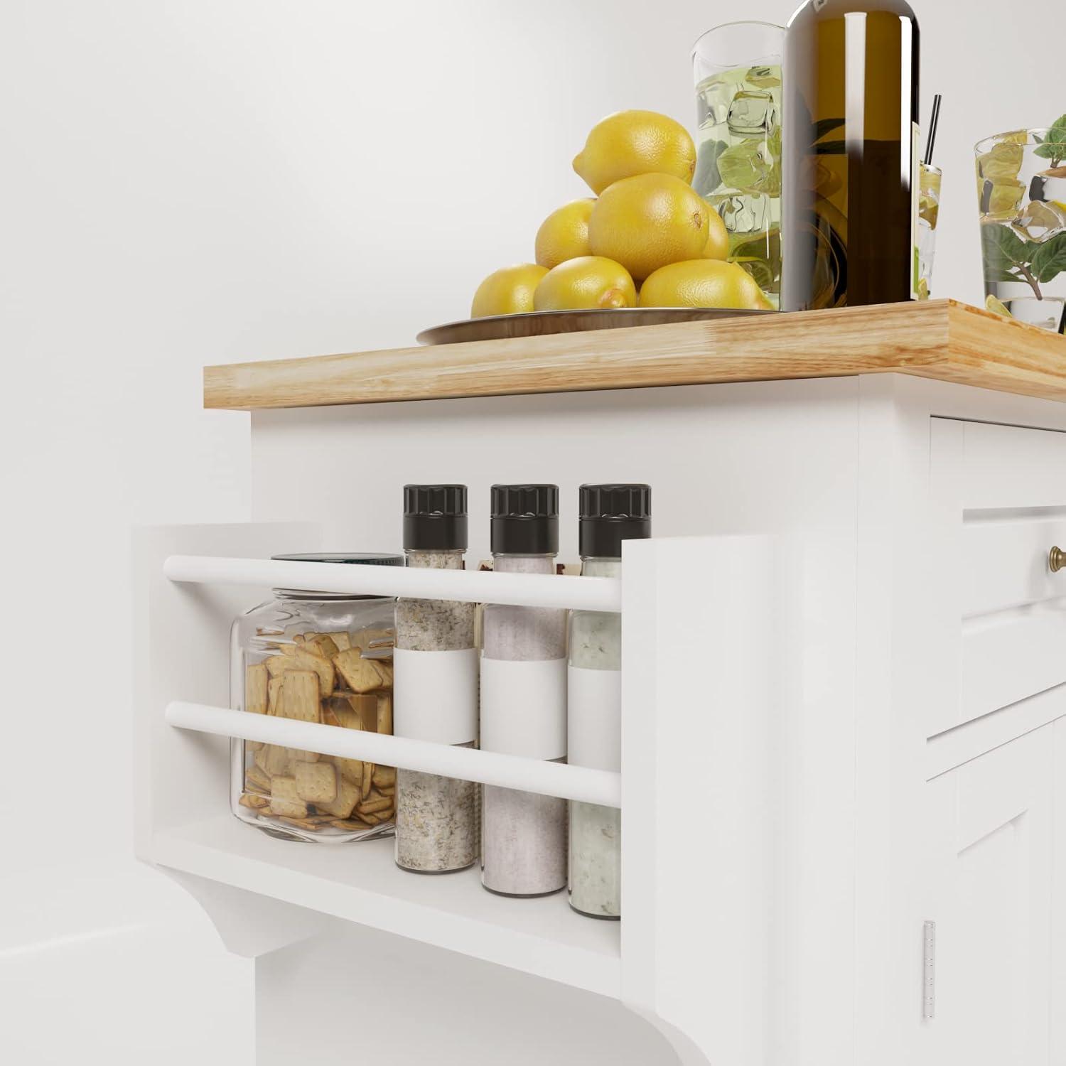 White and Maple Wood Kitchen Cart with Spice Rack and Storage