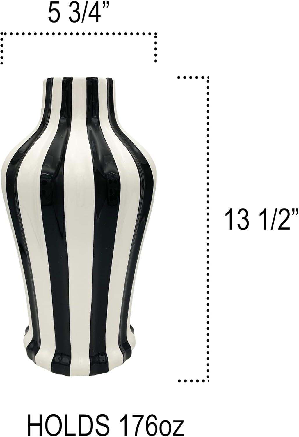 Classic Black and White Striped Ceramic Vase, 13.5"