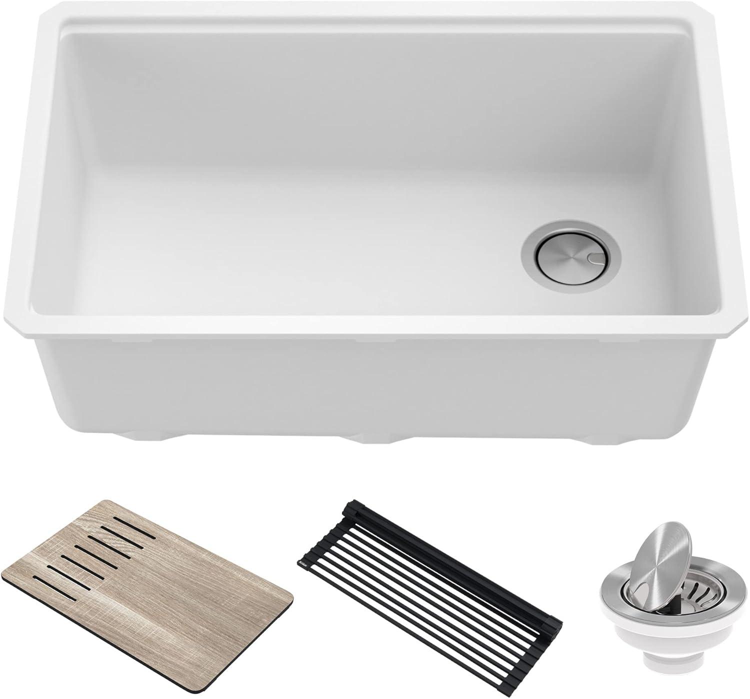 30 in. KRAUS Bellucci Workstation Undermount Granite Composite Single Bowl Kitchen Sink in White with Accessories