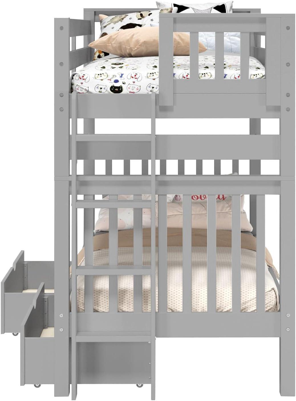 Bedz King Tall Bunk Beds Twin over Twin Mission Style with End Ladder and 2 Under Bed Drawers, Gray