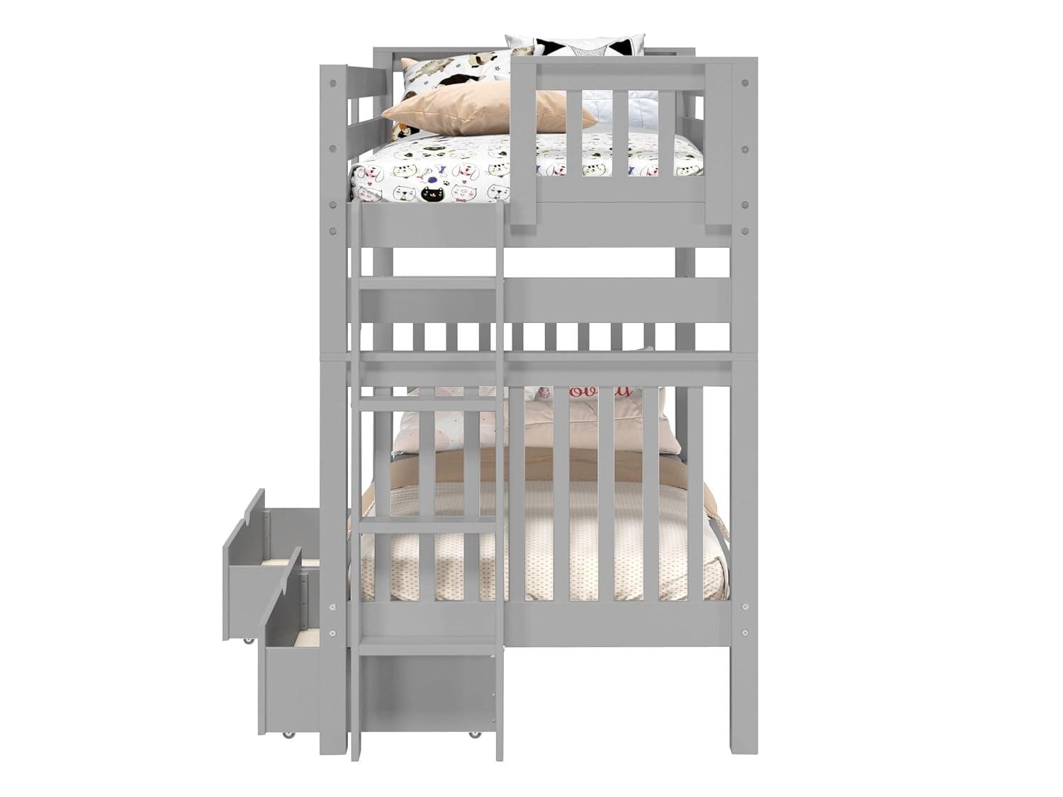 Bedz King Tall Bunk Beds Twin over Twin Mission Style with End Ladder and 2 Under Bed Drawers, Gray