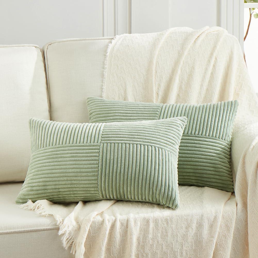 Boho Sage Green Striped Corduroy Pillow Covers - Set of 2 | Farmhouse Rectangle Cushion Cases for Sofa Couch Bed | Soft Decorative Throw Pillowcases - 12x20 Inch Home Decor