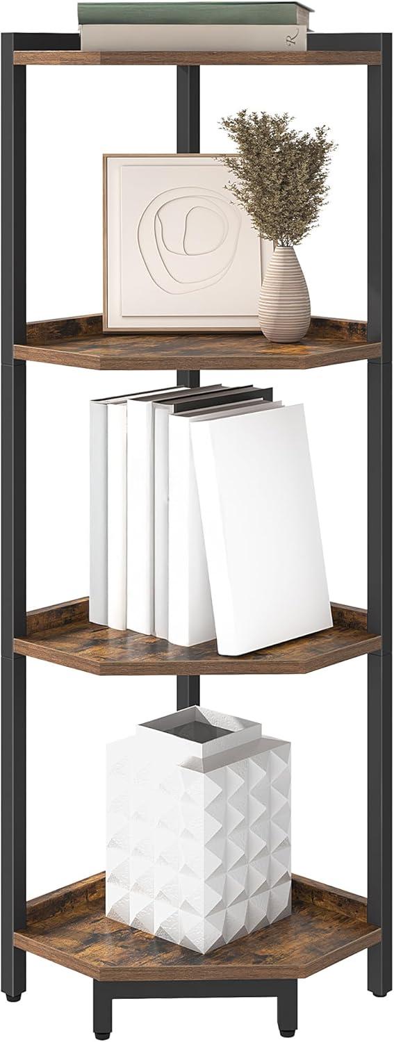 Corner Shelf Stand, Corner Bookshelf, Storage Standing Shelf Unit with Metal Frame, Plant Stand, Corner Bookcase for Living Room, Home Office, Bedroom, 4-Tier Rustic Brown CS05801B