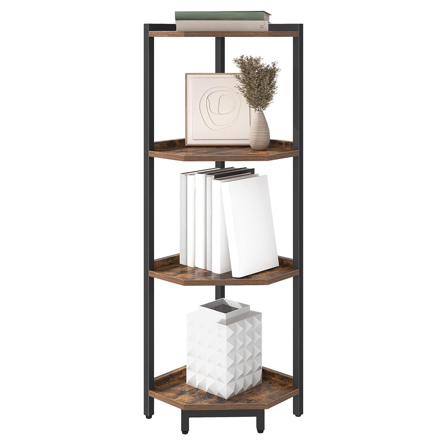 Corner Shelf Stand, Corner Bookshelf, Storage Standing Shelf Unit with Metal Frame, Plant Stand, Corner Bookcase for Living Room, Home Office, Bedroom, 4-Tier Rustic Brown CS05801B
