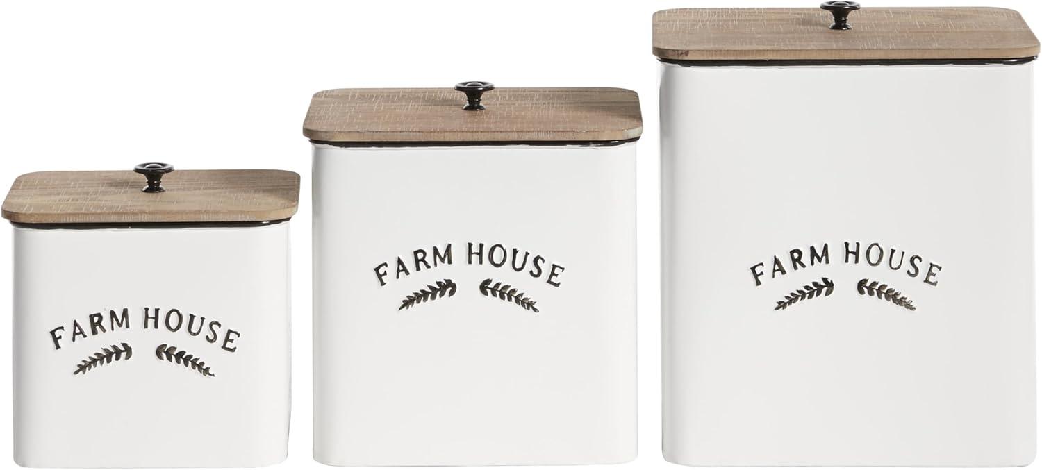 DecMode Farmhouse White Metal Canisters with Natural Brown Lid, Set of 3 11" , 9", 7"H