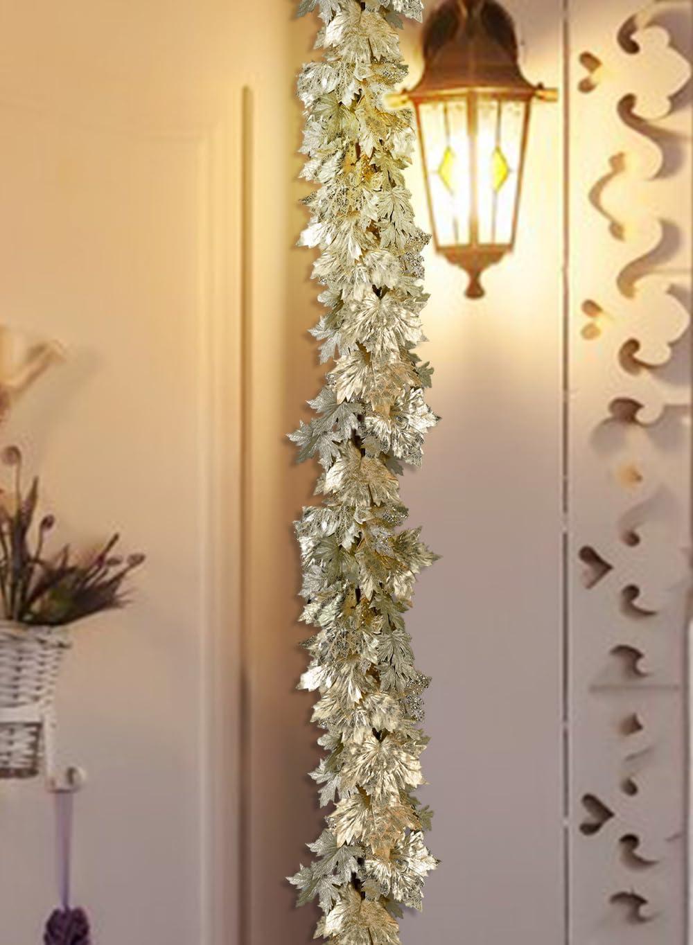 Serene Spaces Living Glitter Light Gold Maple Leaf Garland, Faux Fall Garland for Thanksgiving, Christmas, Fall, 74" Long