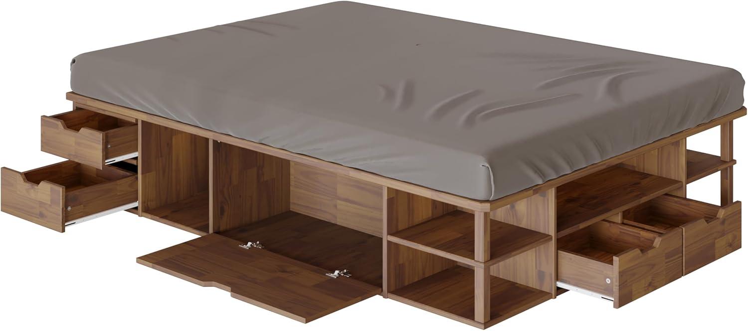 LETTO Capri Queen Size Wood Platform Storage Bed Frame with Drawers and Built-in Shelves, Storage Platform Bed Great for Couples Room Organization, Solid Wood Bed, Smooth Finish (Golden Brown)