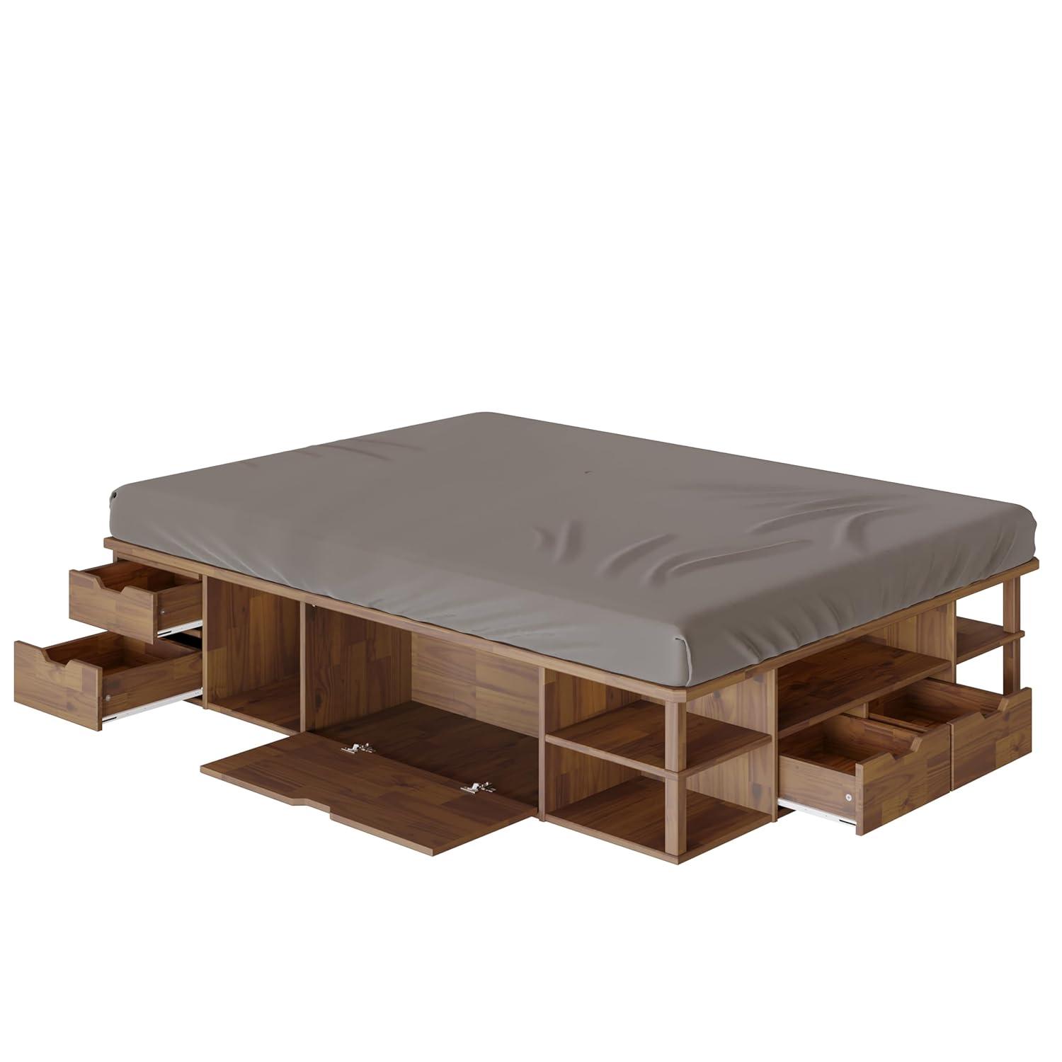 LETTO Capri Queen Size Wood Platform Storage Bed Frame with Drawers and Built-in Shelves, Storage Platform Bed Great for Couples Room Organization, Solid Wood Bed, Smooth Finish (Golden Brown)