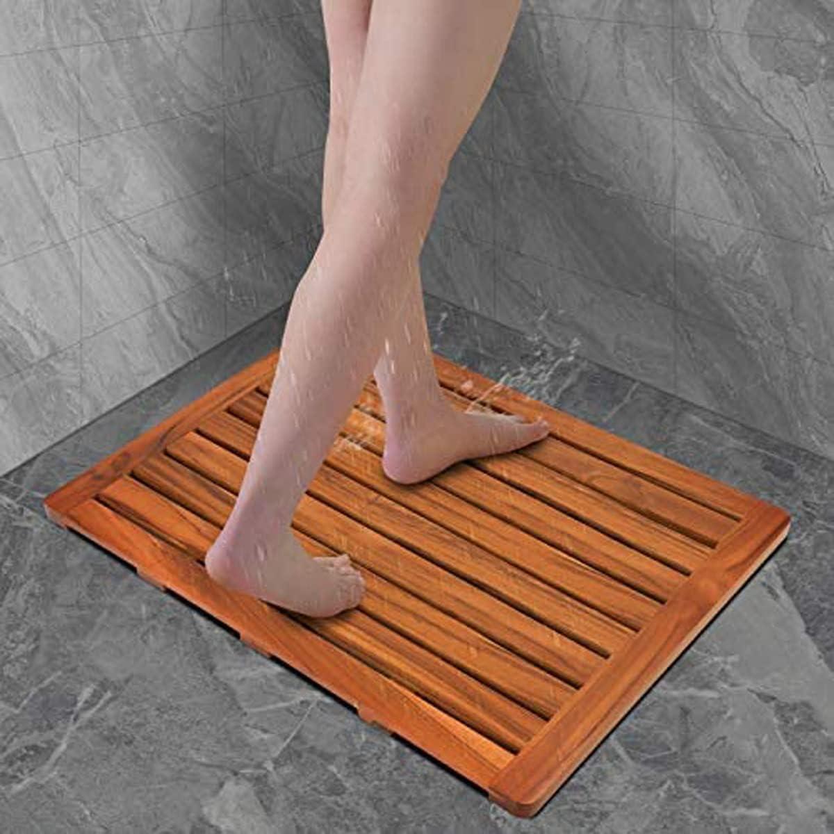 Large Teak Wood Bath Mat with Lacquer Finish, 24"x18"