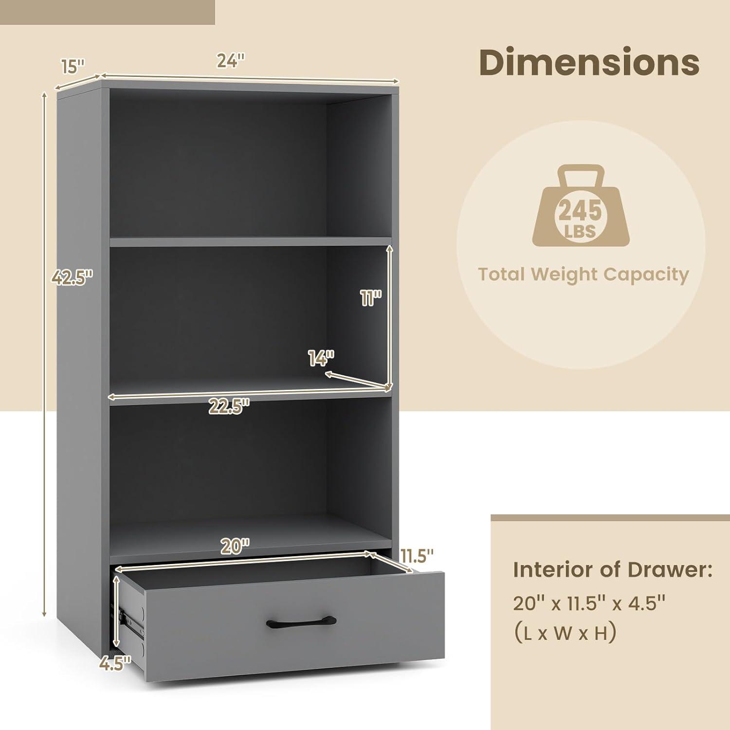 Resenkos Bookshelf,Shelf, Open Bookcase Book Shelf,Storage Shelf Unit Plant Stand,48 Inch Tall 4 Tiers Wood Bookcase with Drawer-Gray