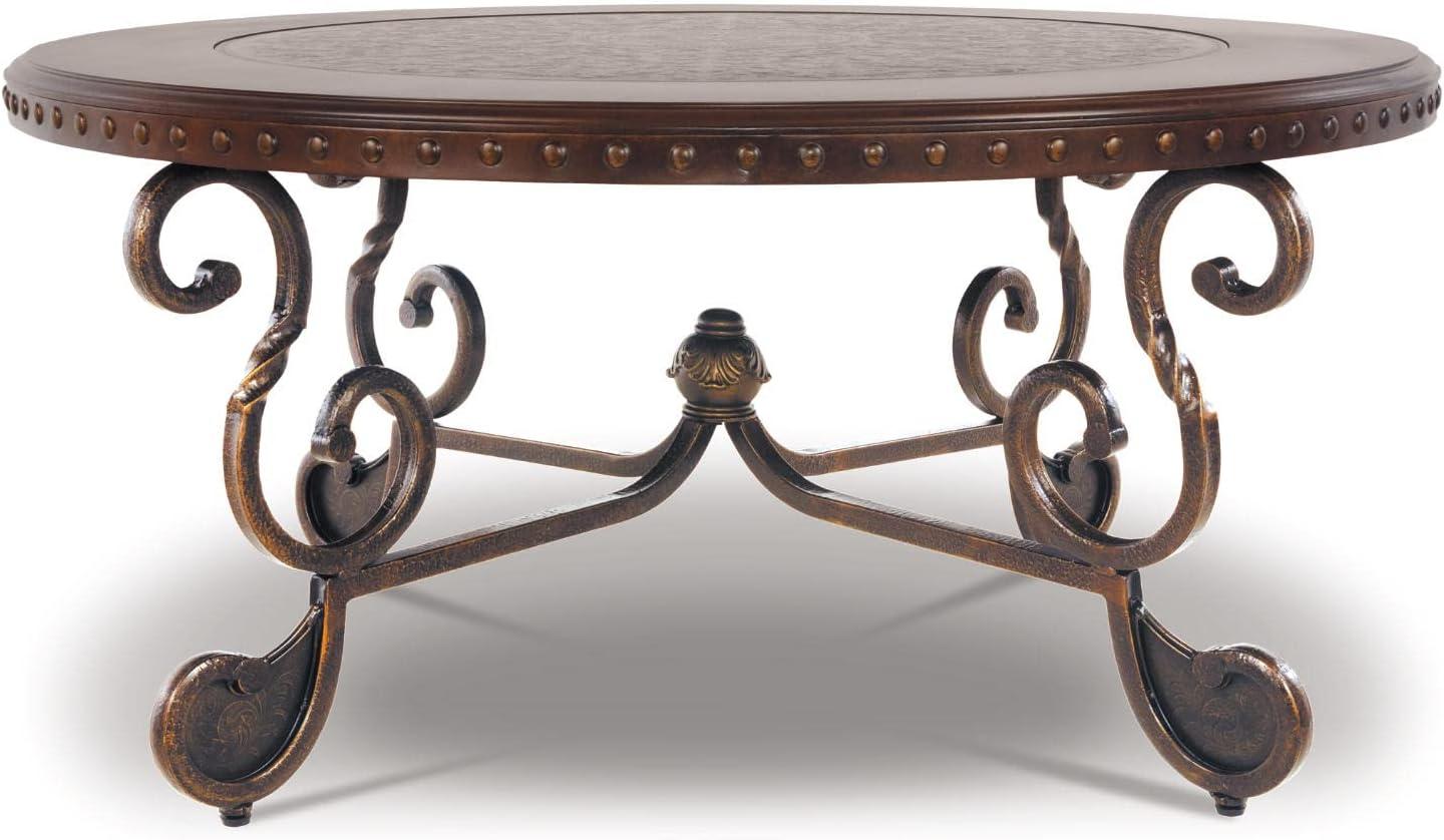 Signature Design by Ashley Rafferty Ornate Round Coffee Tabe with Decorative Metal Detail, Dark Brown