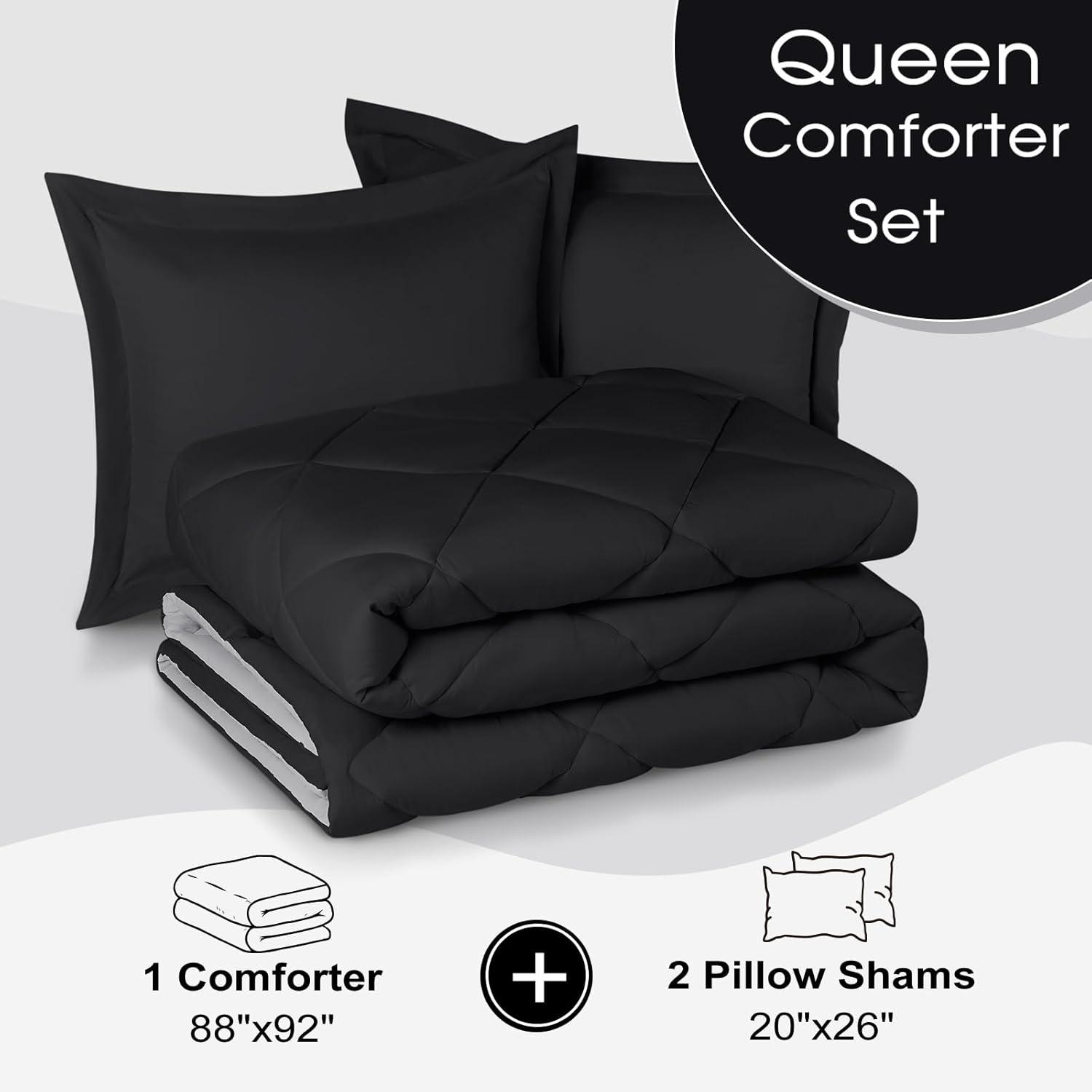 Queen Black and Grey Reversible Microfiber Comforter Set