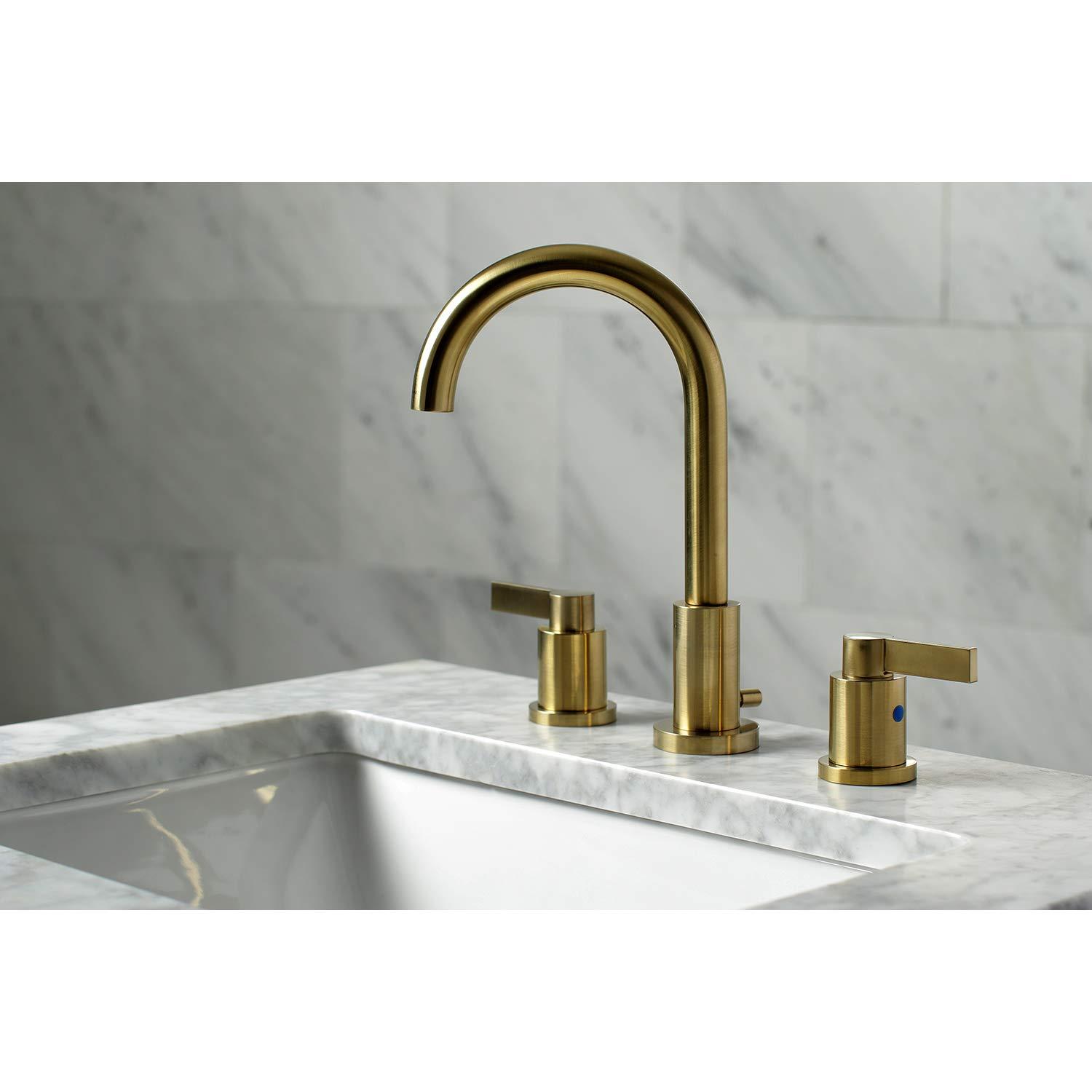Kingston Brass NuvoFusion Two-Handle 3-Hole Deck Mount Widespread Bathroom Faucet with Brass Pop-Up Drain