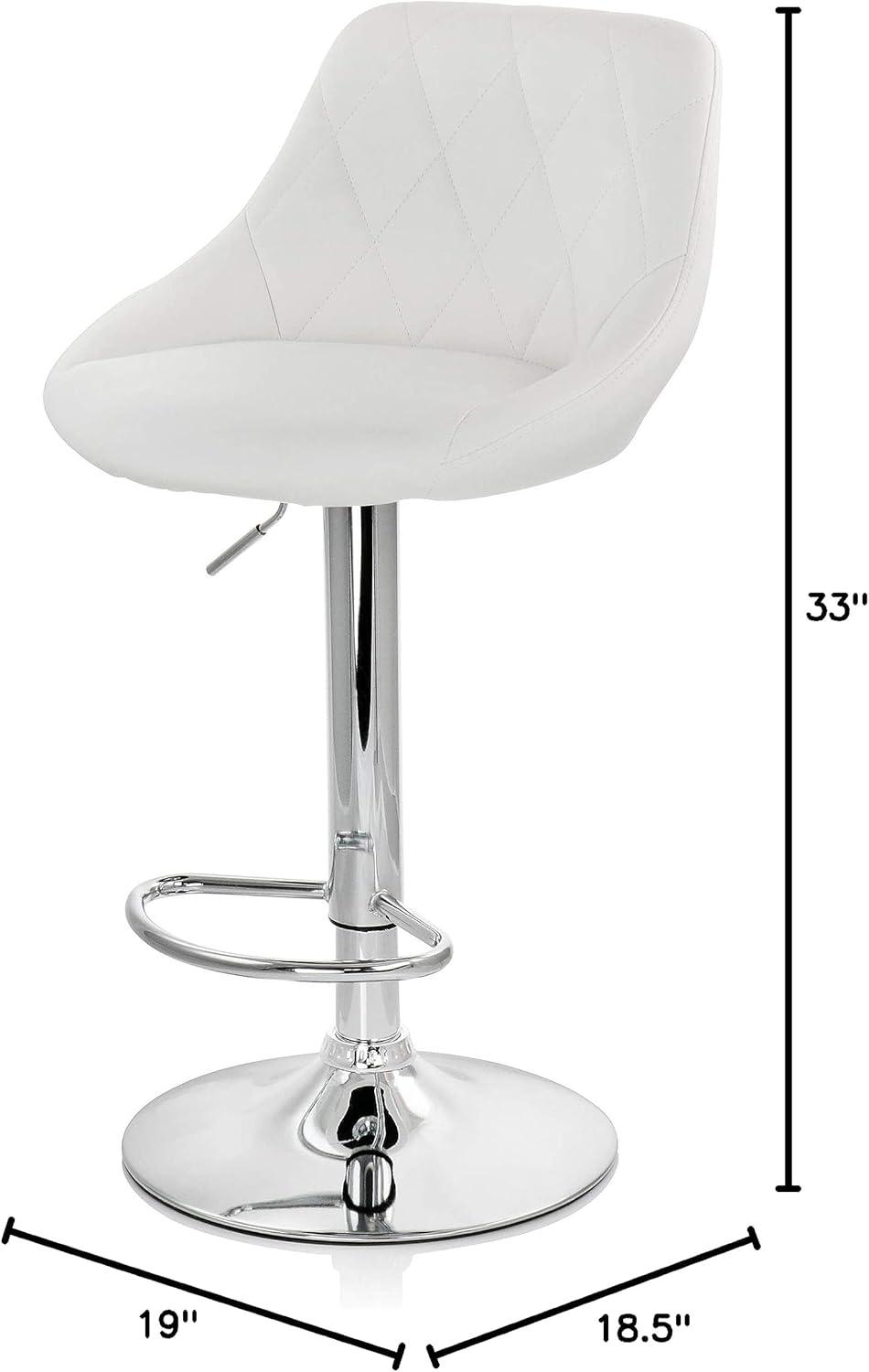 Elama 2 Piece Diamond Stitched Faux Leather Bar Stool in White with Chrome Base  and Adjustable Height
