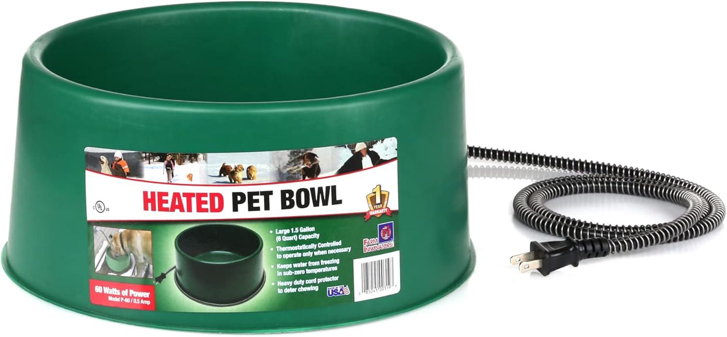 Farm Innovators P-60 1.5 Gallon Electric Heated Pet Water Bowl with Thermostatic Control and Anti Chew Cord Protector, 60 Watt, Green