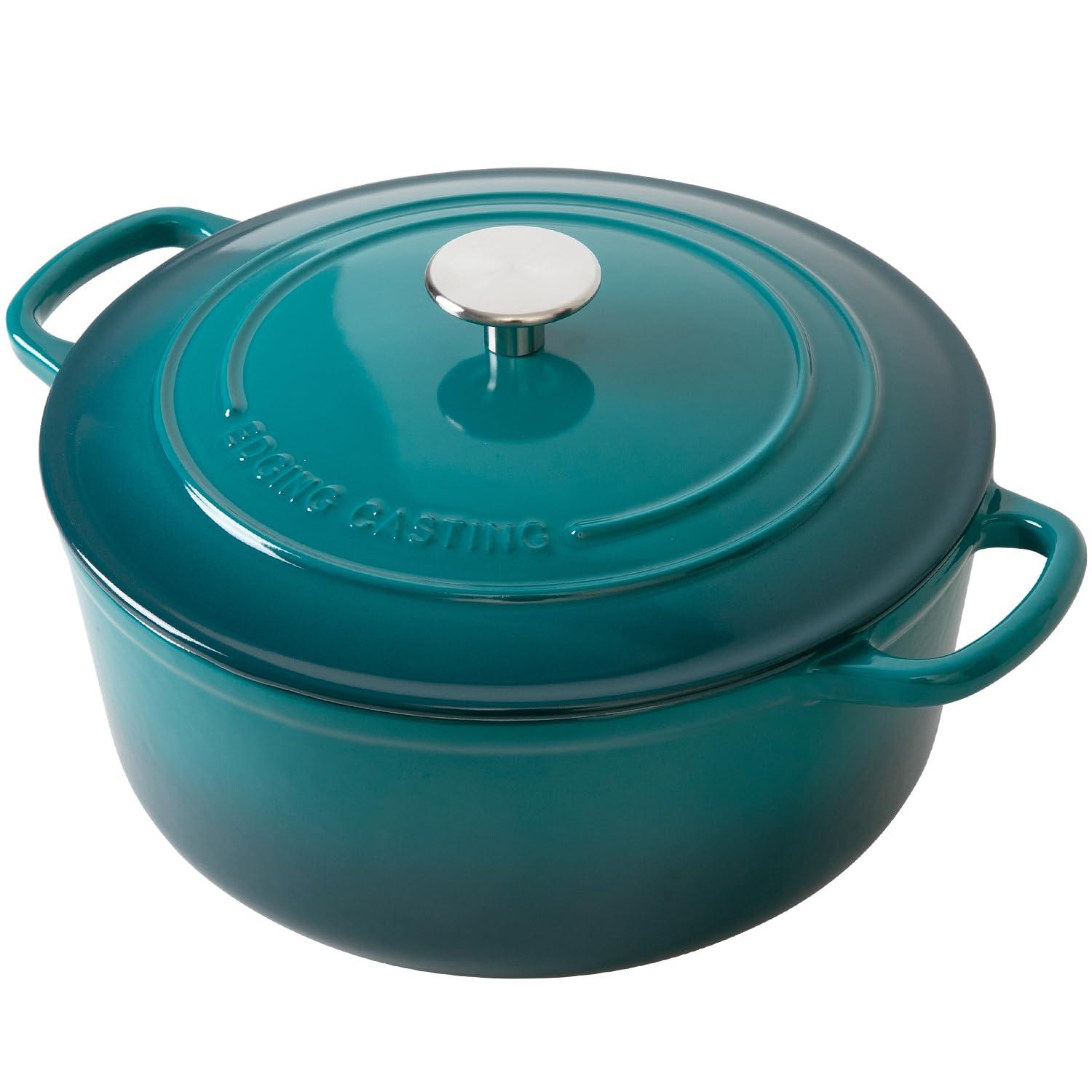 Enameled Cast Iron Dutch Oven Pot with Lid for Bread Baking, Cooking, Round Bread Oven Dual Handles, 7 Quart, Darkcyan