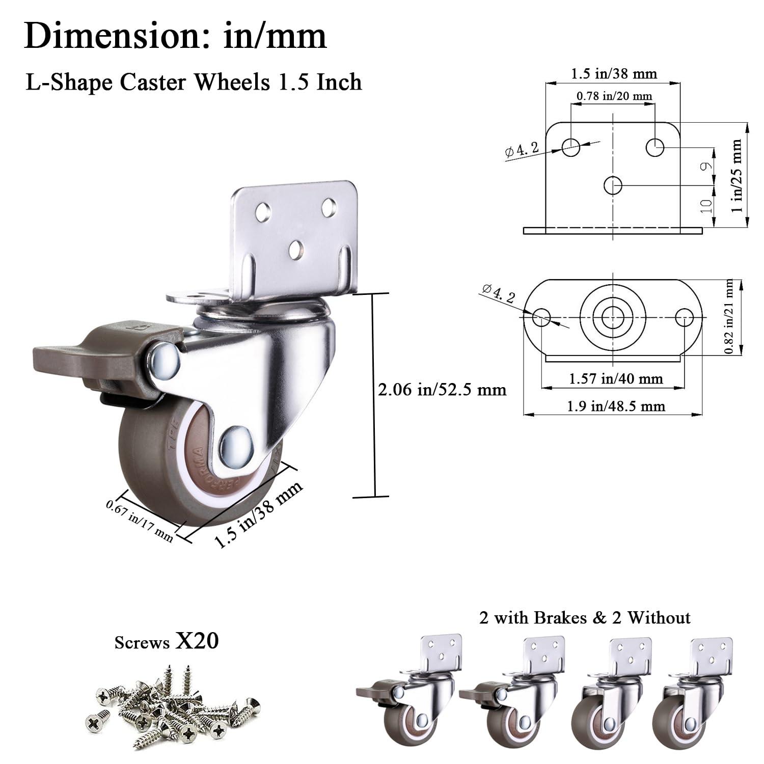 1.5 Inch L-Shape Swivel Casters with Brakes and Screws