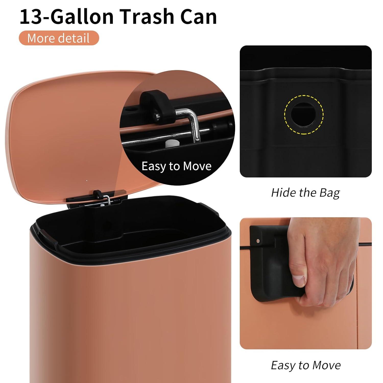 13 Gallon / 50 L Kitchen Trash Can with Lid Step Trash Bin Fingerprint-Proof Garbage Bin Brushed Stainless Steel for Office Bedroom Bathroom , Pink