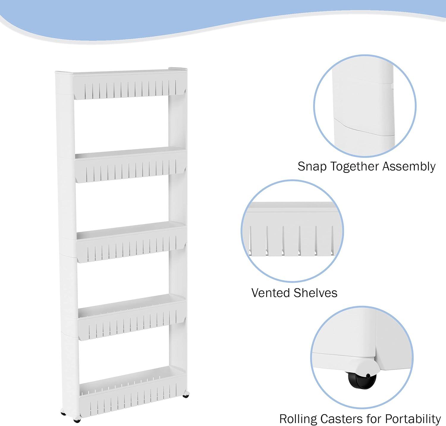 Lavish Home 5-Tier Slim Rolling Storage Cart with Wheels (White)