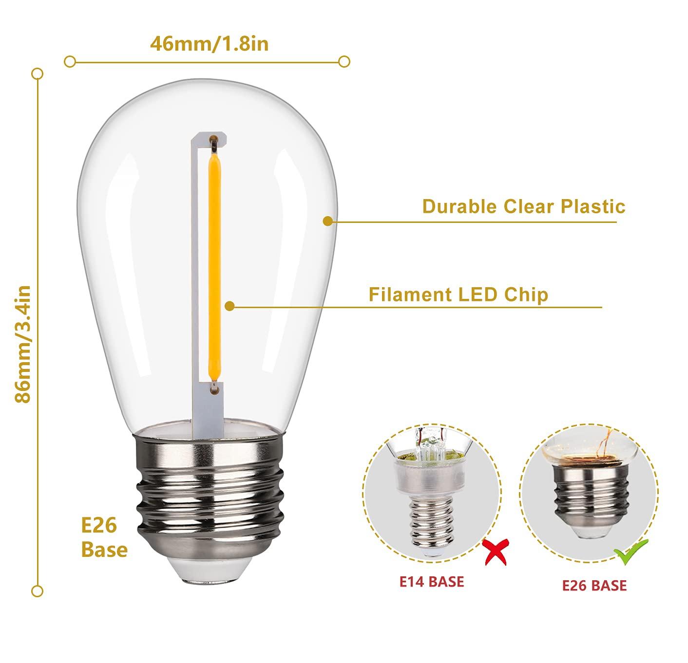 Svater Replacement Bulbs for Outdoor String Lights, 15 Pack S14 LED Bulbs for Patio, E26 Base 1W Bulb Equal to 11W Incandescent, Dimmable,Shatterproof 2700K Warm White