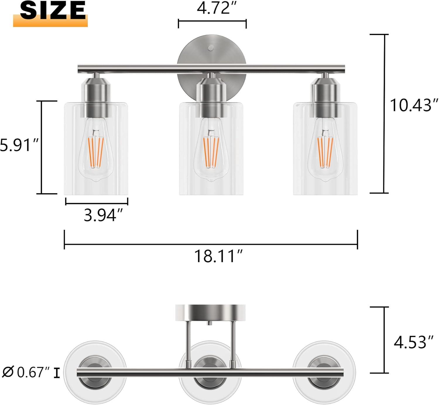 Vanity Wall Light Fixtures, Modern 3 Lights Wall Sconce with Clear Glass Shade, Brushed Nickel Farmhouse Wall Lamp for Bathroom Mirror Kitchen Porch Living Room Workshop (E26 Base)