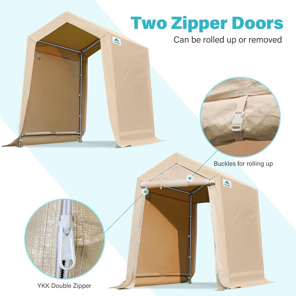 ADVANCE OUTDOOR 6x8 ft Outdoor Portable Storage Shelter Shed with 2 Roll up Zipper Doors & Vents Carport, Beige