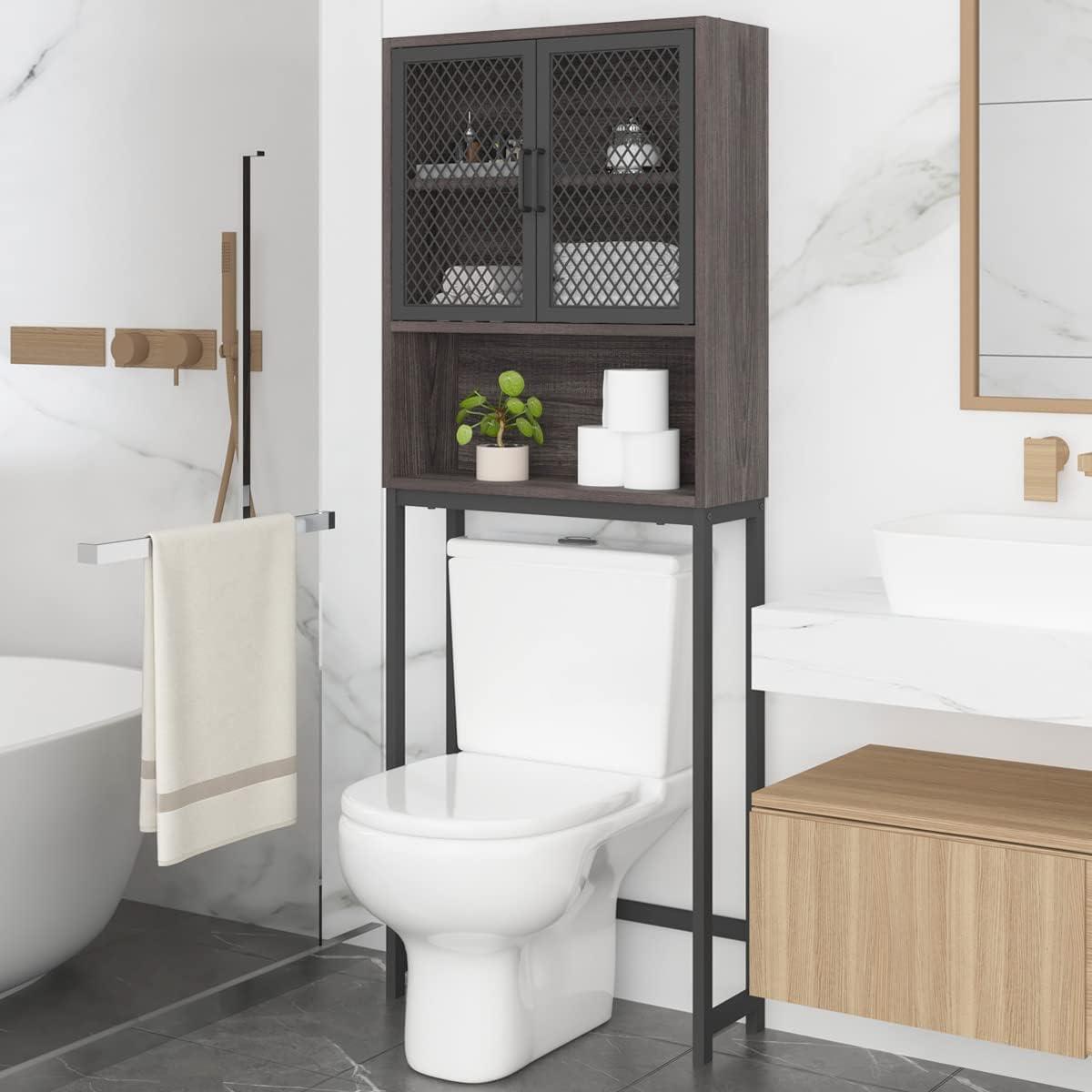 Dark Gray Oak Over-the-Toilet Storage Cabinet with Mesh Doors