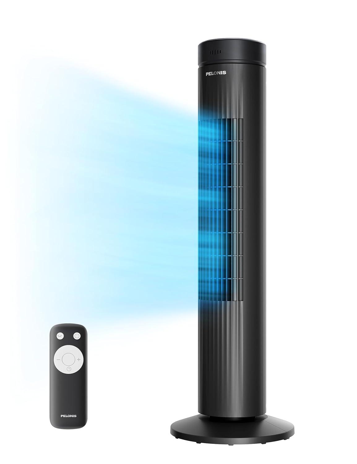 Pelonis 30-Inch Oscillating Tower Fan for Bedroom – 3 Speed, 37dB Quiet Tower Fan with Remote Control and 7-Hour Timer – ETL Certified, Black