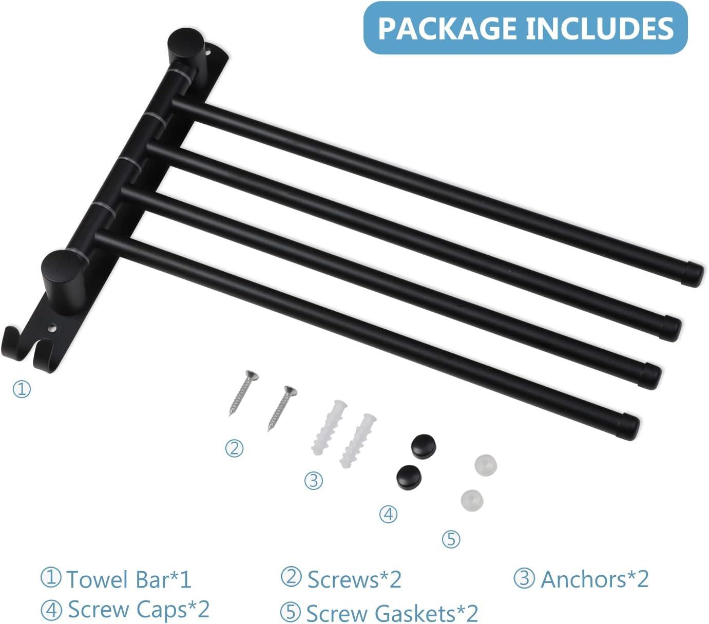 Black Stainless Steel Wall Mounted Swivel Towel Rack with 4 Arms