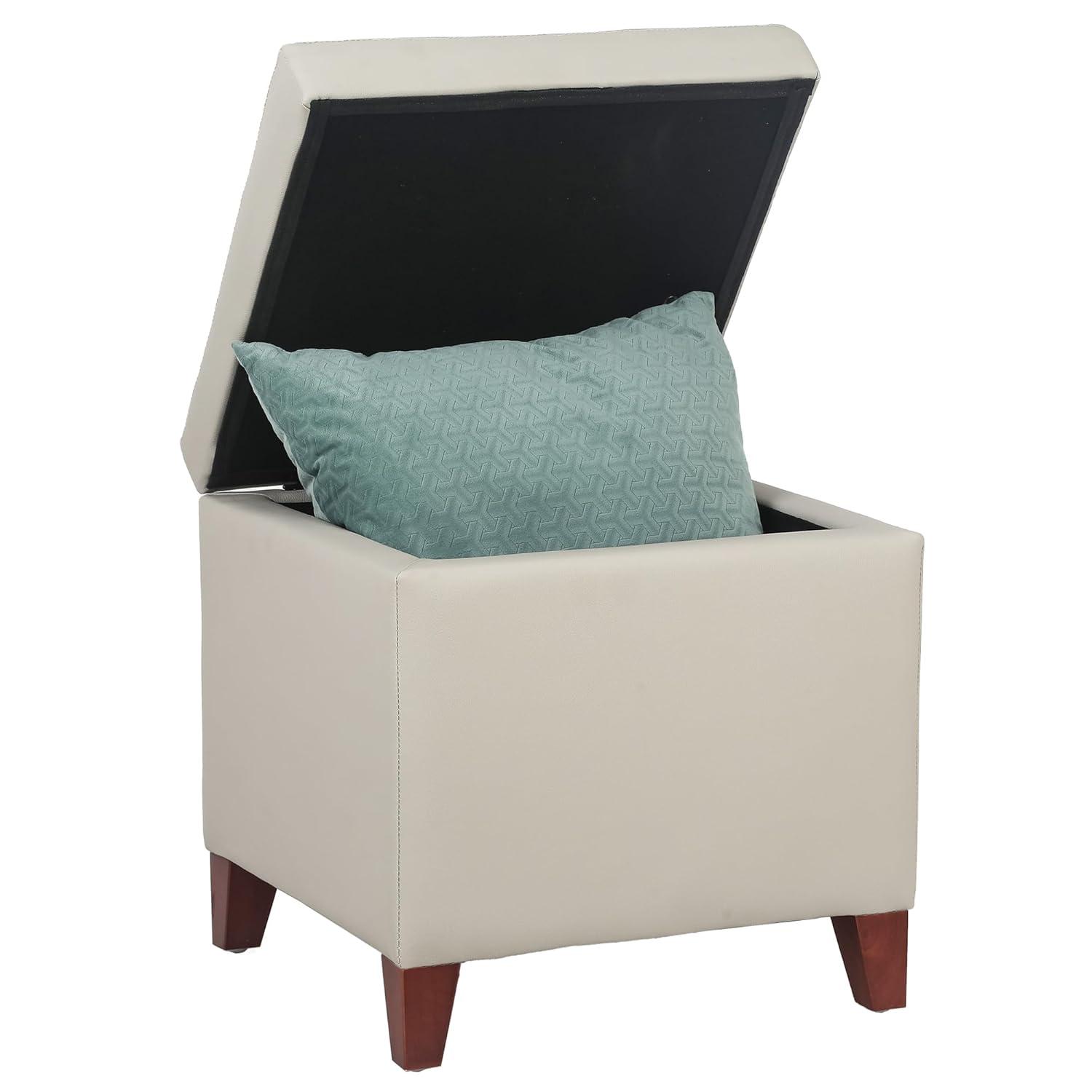 Elephant Grey Faux Leather Tufted Storage Ottoman with Cherry Wood Legs